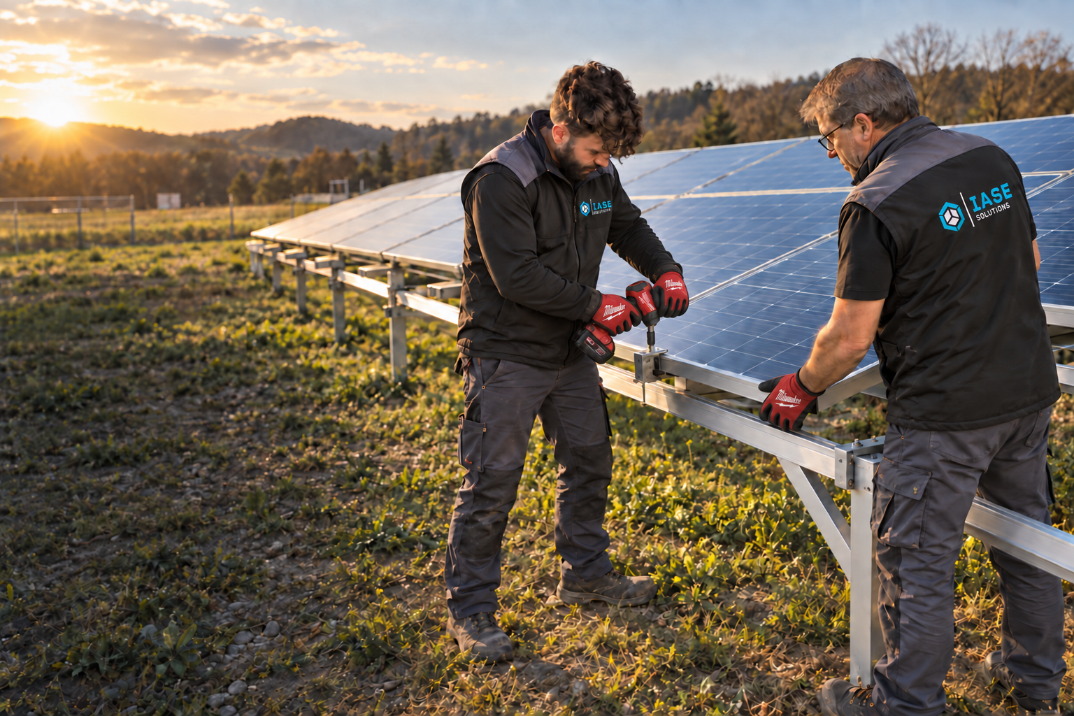 Fotomontagem da equipa com uniforme IASE a montar painéis solares